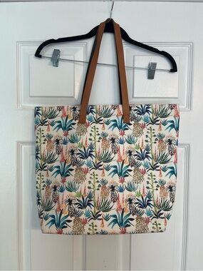 Botanical Print Tote Bag with Tan Handles